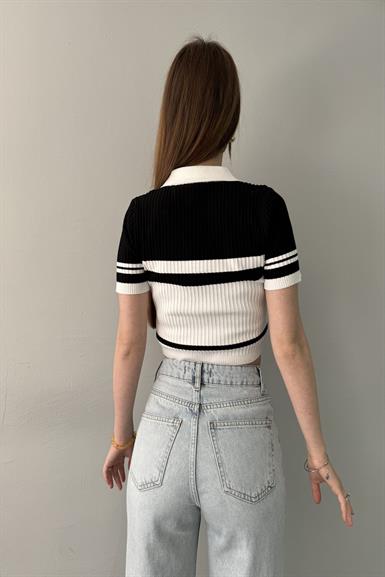 POLO YAKA ÇİZGİLİ CROP KISA KOL TRIKO