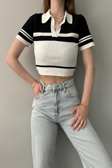 POLO YAKA ÇİZGİLİ CROP KISA KOL TRIKO