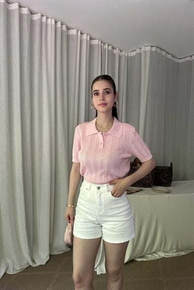 POLO YAKA DÜĞMELİ AJURLU TRIKO BLUZ