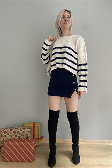 SAÇ ÖRGÜ ÇİZGİLİ CROP TRIKO KAZAK