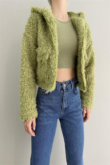 PELUŞ KAPŞONLU KISA MONT