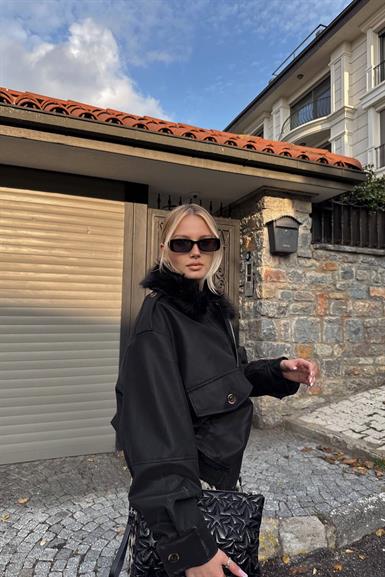 YAKA KÜRK DETAY DERİ CEKET