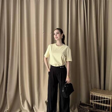 BEL DÜĞME DETAY PİLELİ TENCEL PANTOLON