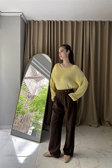 BEL DÜĞME DETAY PİLELİ TENCEL PANTOLON