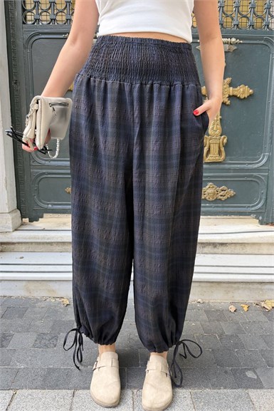 BEL LASTİK DETAY EKOSE PANTOLON