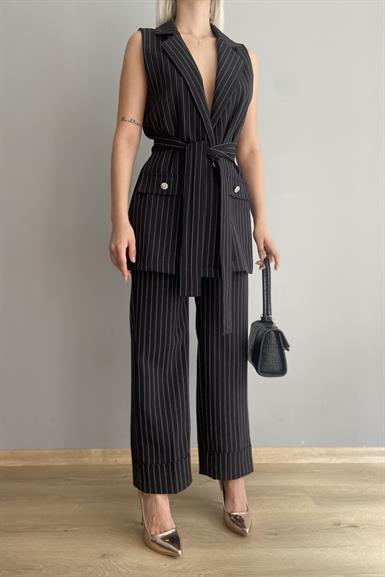 BEL LASTİKLİ DUBEL PAÇA ÇİZGİLİ PANTALON