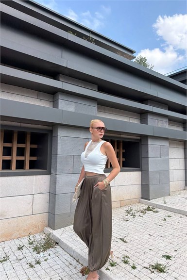 BEL LASTİKLİ SATEN PANTOLON