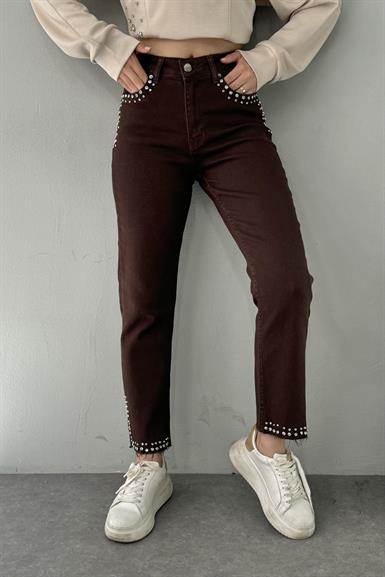 CEPLERİ VE PAÇALARI TAŞLI MOM FİT KOT PANTOLON
