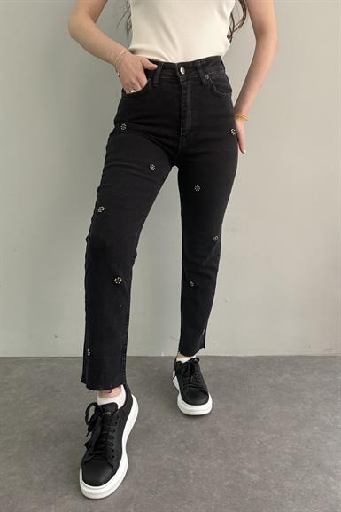 İNCİ TAŞLI ÇİÇEK DESEN MOM KOT PANTOLON