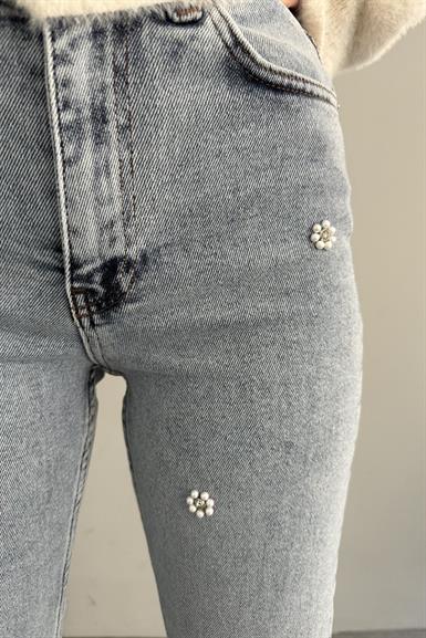 İNCİ TAŞLI ÇİÇEK DESEN MOM KOT PANTOLON