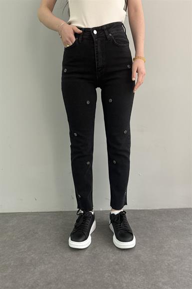 İNCİ TAŞLI ÇİÇEK DESEN MOM KOT PANTOLON