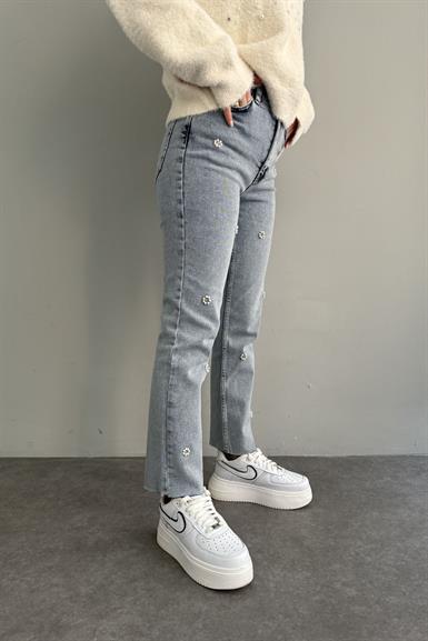İNCİ TAŞLI ÇİÇEK DESEN MOM KOT PANTOLON