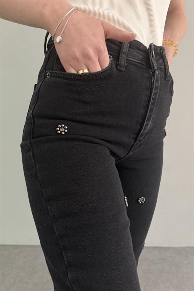 İNCİ TAŞLI ÇİÇEK DESEN MOM KOT PANTOLON