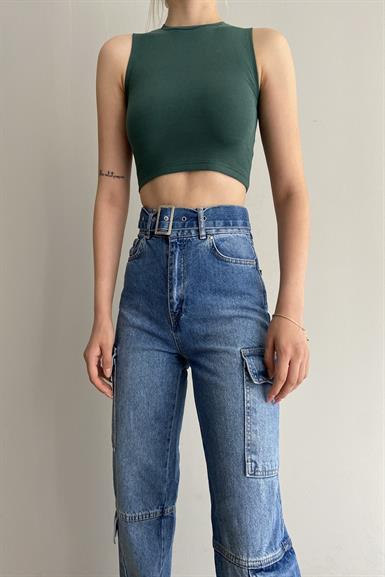 KEMERLİ YAN CEPLİ KOT PANTALON