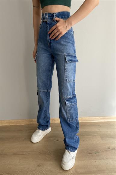 KEMERLİ YAN CEPLİ KOT PANTALON