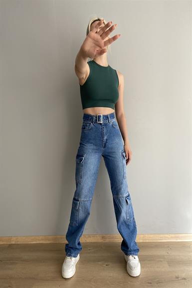 KEMERLİ YAN CEPLİ KOT PANTALON