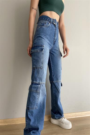 KEMERLİ YAN CEPLİ KOT PANTALON