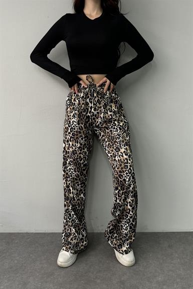 LEOPAR DESEN BEL LASTİKLİ CEPLİ SATEN PANTOLON