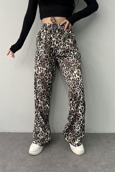 LEOPAR DESEN BEL LASTİKLİ CEPLİ SATEN PANTOLON