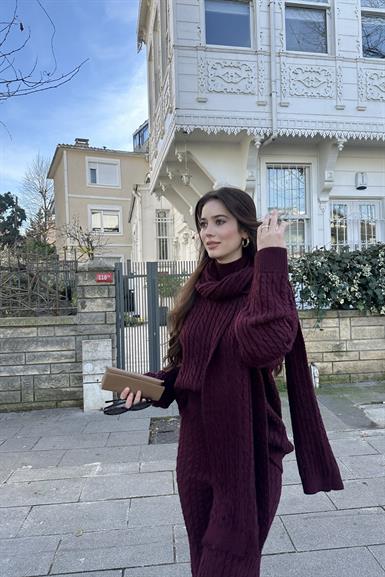 SAÇ ÖRGÜ DESEN ŞALLI PANTOLONLU TRIKO TAKIM