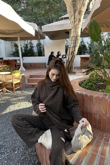 SAÇ ÖRGÜ DESEN ŞALLI PANTOLONLU TRIKO TAKIM