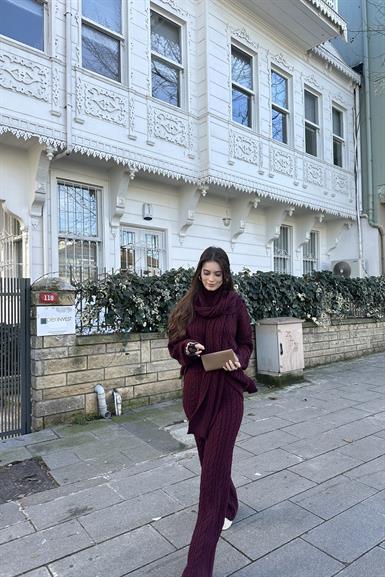 SAÇ ÖRGÜ DESEN ŞALLI PANTOLONLU TRIKO TAKIM