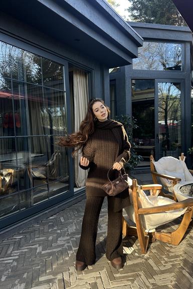 SAÇ ÖRGÜ DESEN ŞALLI PANTOLONLU TRIKO TAKIM