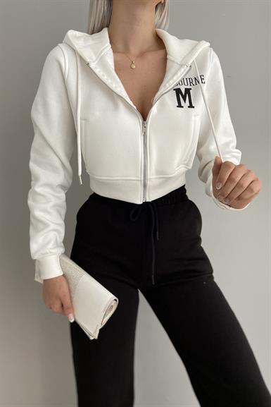 BASKI DETAY FERMUARLI CROP SWEATSHIRT