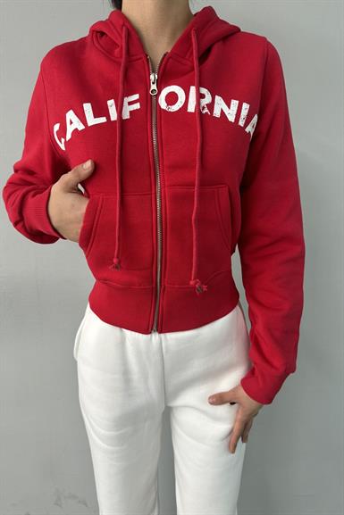 BASKI DETAY FERMUARLI KAPŞONLU CROP SWEAT