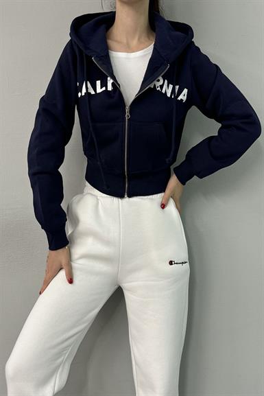BASKI DETAY FERMUARLI KAPŞONLU CROP SWEAT