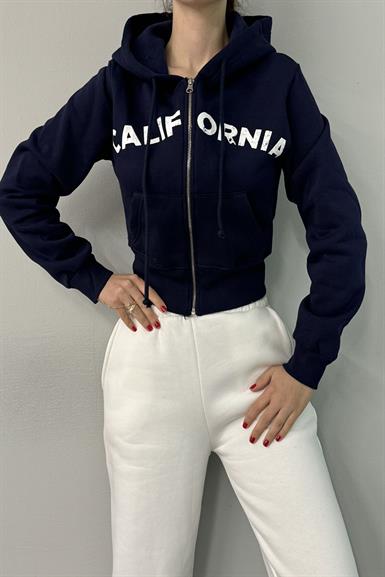 BASKI DETAY FERMUARLI KAPŞONLU CROP SWEAT