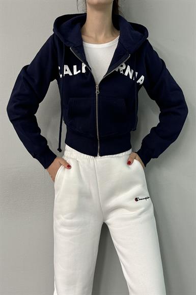 BASKI DETAY FERMUARLI KAPŞONLU CROP SWEAT