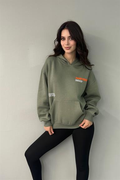 BASKI DETAY KAPŞONLU SWEATSHIRT