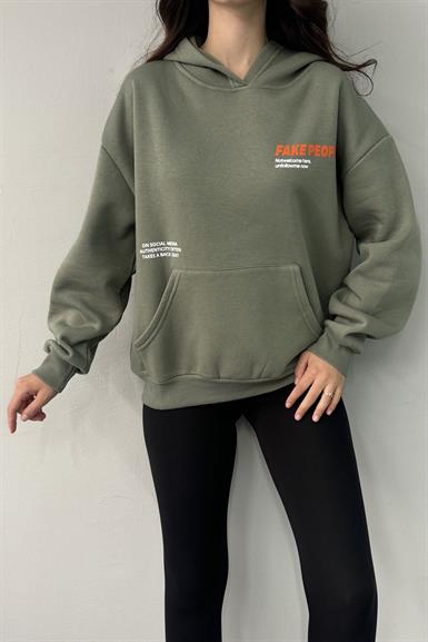 BASKI DETAY KAPŞONLU SWEATSHIRT