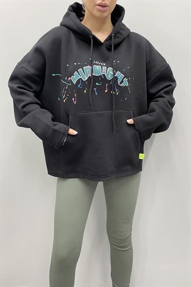 BASKI DETAYLI KAPŞONLU SWEATSHIRT