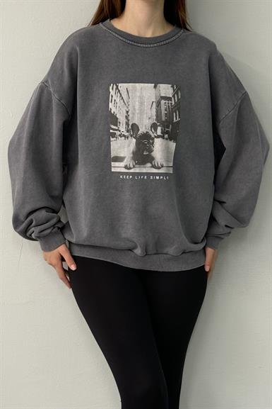 BASKI DETAYLI YIKAMALI SWEATSHIRT