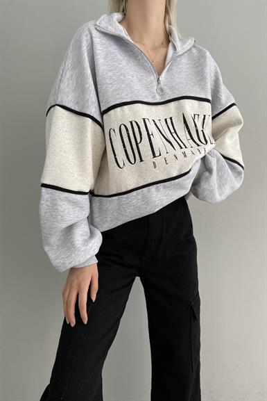 BASKILI OVERSİZE YARIM FERMUARLI SWEAT