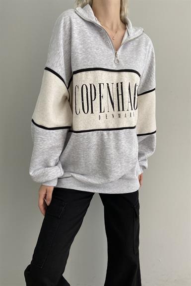BASKILI OVERSİZE YARIM FERMUARLI SWEAT