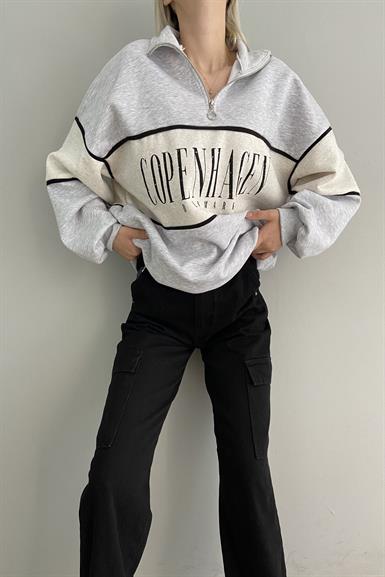 BASKILI OVERSİZE YARIM FERMUARLI SWEAT