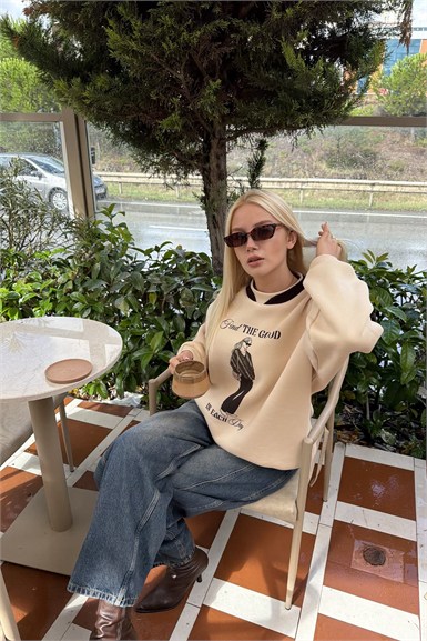 BİİSKLET YAKA BASKI DETAY SWEATSHIRT