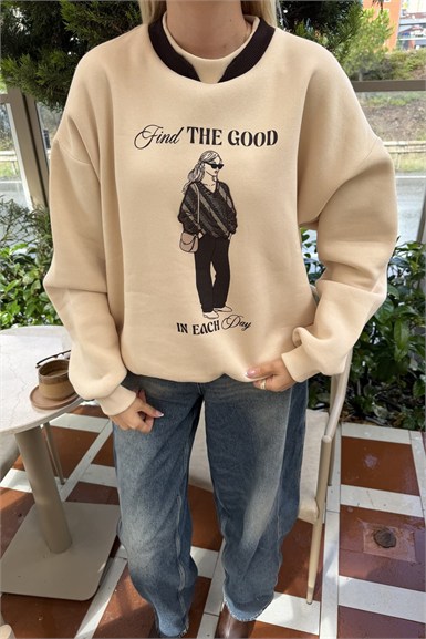 BİİSKLET YAKA BASKI DETAY SWEATSHIRT