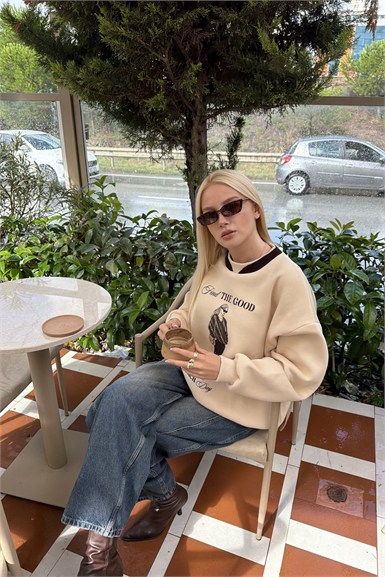 BİİSKLET YAKA BASKI DETAY SWEATSHIRT