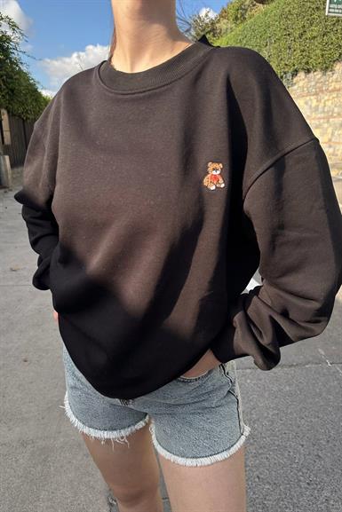 BİSİKLET YAKA AYI NAKIŞLI SWEATSHIRT