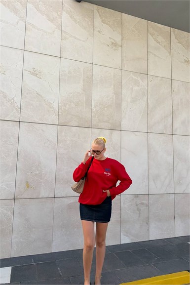 BİSİKLET YAKA BASKI VE NAKIŞ DETAY SWEATSHIRT