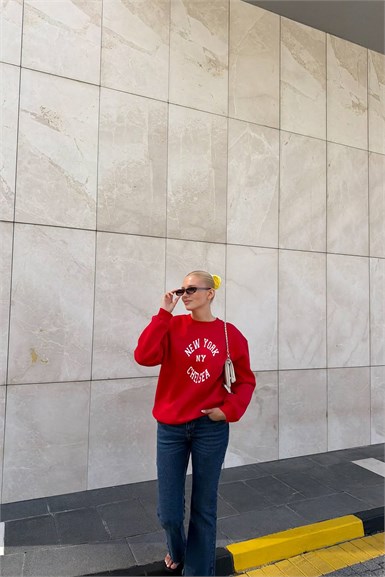 BİSİKLET YAKA BASKI VE NAKIŞ DETAY SWEATSHIRT