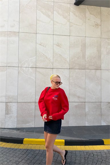 BİSİKLET YAKA BASKI VE NAKIŞ DETAY SWEATSHIRT
