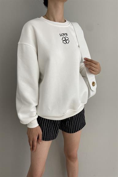 BİSİKLET YAKA BASKILI NAKIŞ DETAY SWEATSHIRT