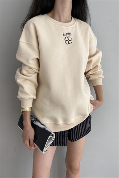 BİSİKLET YAKA BASKILI NAKIŞ DETAY SWEATSHIRT