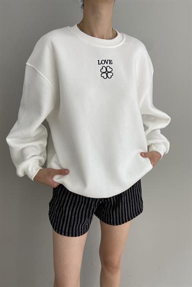 BİSİKLET YAKA BASKILI NAKIŞ DETAY SWEATSHIRT
