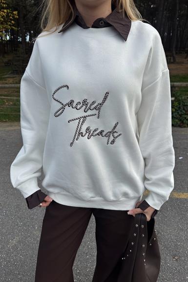 BİSİKLET YAKA NAKIŞLI GÖMLEK DETAYLI SWEATSHIRT
